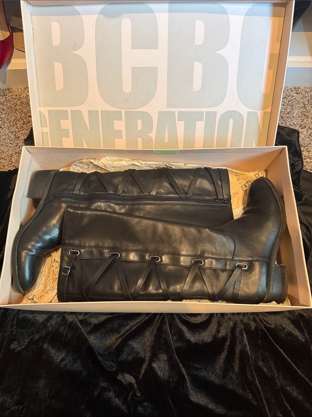 BCBGeneration Black Knee-High Leather Boots with Side Lace Detail